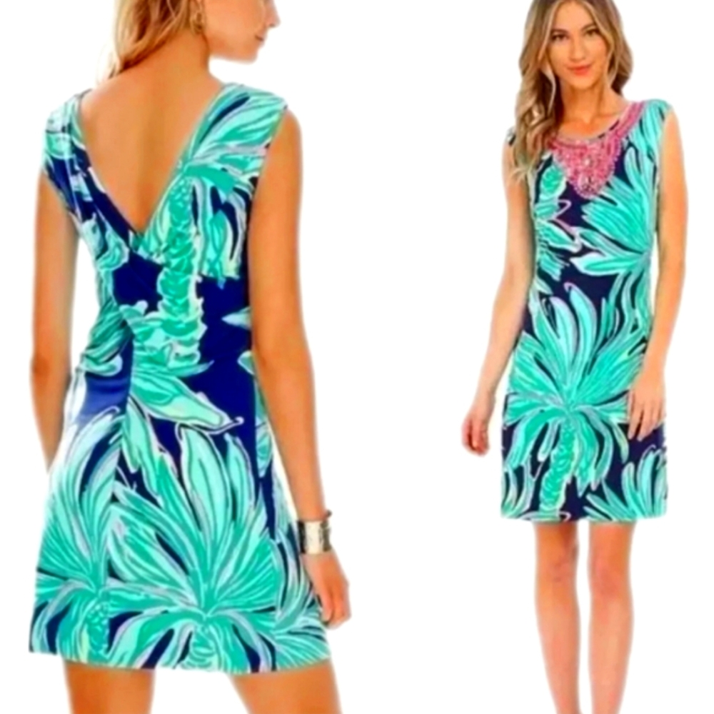 Lilly Pulitzer Bristol navy green Tiger Palm beaded sleeveless sheath dress XL - Picture 1 of 13